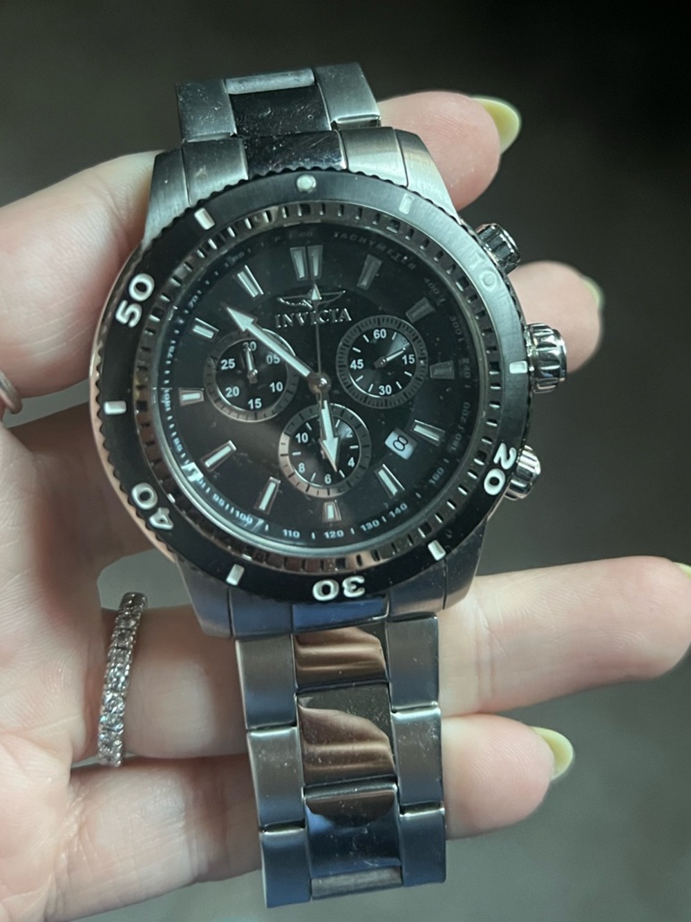 Invicta Black and Silver Stainless Steel Chronograph Watch